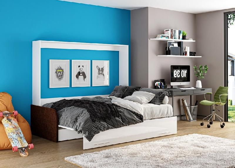 Armoire-lit escamotable VERTIGO SOFA - Façade blanc brillant - Canapé avec accoudoirs marron - Couchage 160x200 cm_1