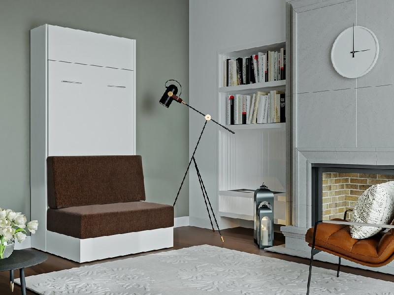 Armoire lit escamotable Dynamo Sofa - Canapé intégré blanc et tissu marron - Couchage 90x200 cm_1