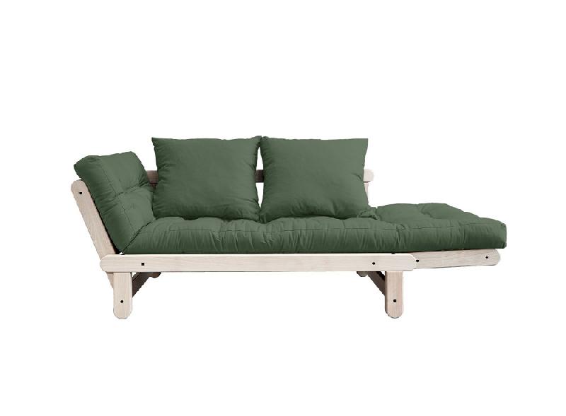 Banquette méridienne futon Beat - Pin naturel, tissu vert olive, couchage 75x200 cm_1