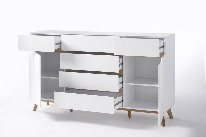 Buffet Cachan blanc laqué mat - 6 tiroirs, 2 portes, piétement en chêne massif_1