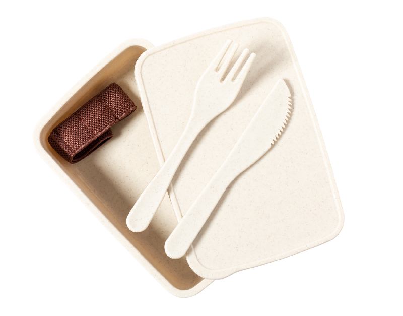 Boîte lunch en plastique PP - 700 ml avec set de couverts et sangle élastique_1