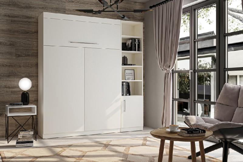 Lit escamotable Lutecia - Blanc mat - Couchage 140 x 190 cm - Colonne bibliothèque intégrée_1