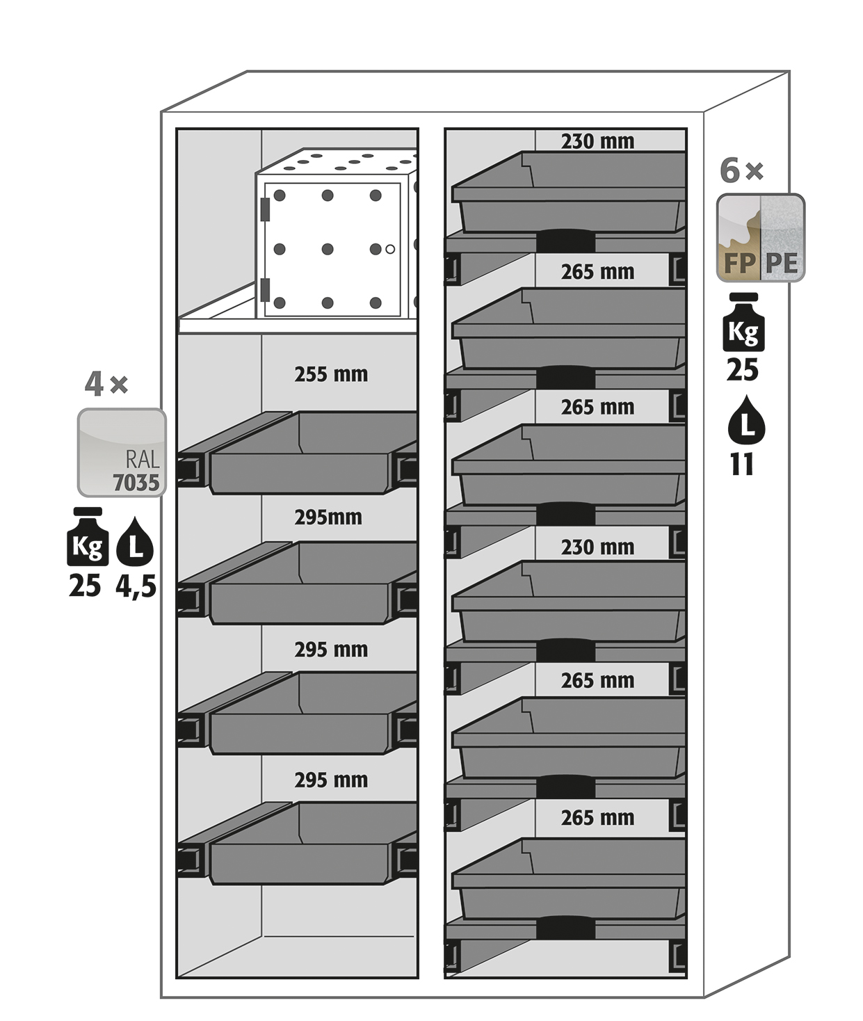 Armoire de sécurité combinée K-PHOENIX Vol.2-90 modèle K90.196.120.MC.FWAC - 30336-001-33842 - Stockage mixte inflammables et corrosifs, 3 compartiments séparés_1