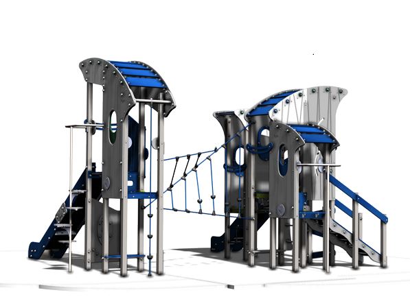 Structure de jeux 3 tours gamme pilotis - pi31501i - 2 toboggans, filet et pont de corde_1