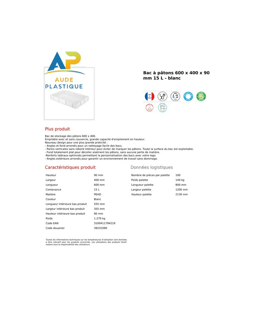 Lot de 2 bacs à pâtons 15L avec couvercle - PEHD blanc - empilables et fabrication française_1