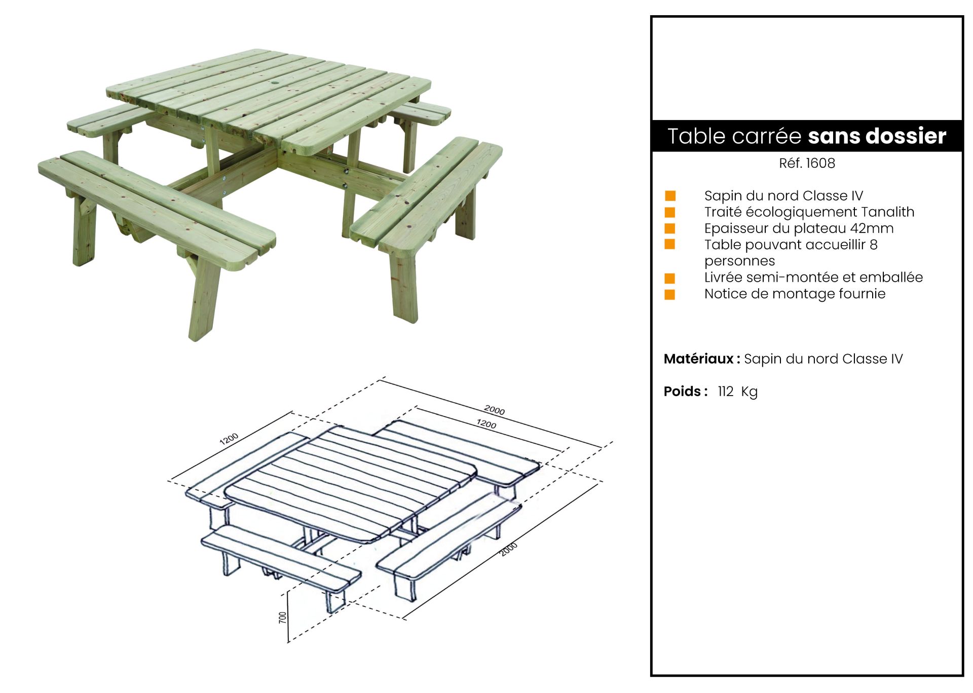 Table pique-nique 8 places sans dossier - Sapin du nord Classe IV - 42mm - 112 Kg - Traité écologiquement Tanalith_1