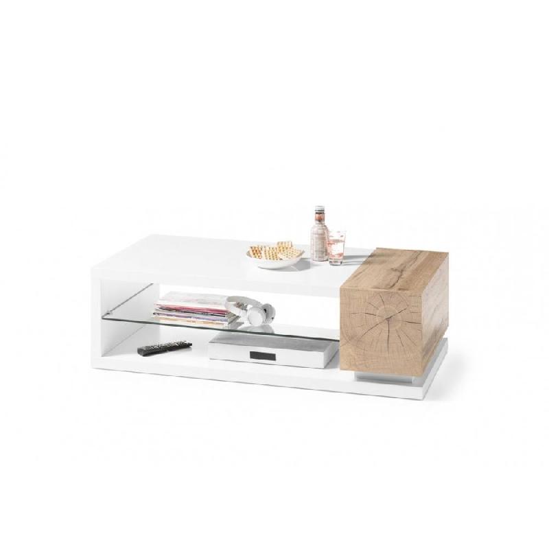Table basse Mardin 120 x 63 cm - décor chêne noueux et blanc laqué - design contemporain avec rangement et étagère en verre_1