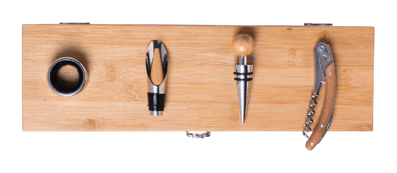 Set à vin - avec tire-bouchon, bouchon, stop-gouttes et bec verseur - boîte en bambou avec compartiment pour bouteille_1