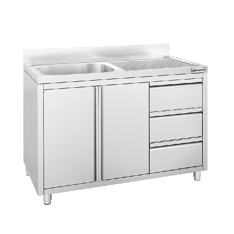 Plonge inox 1 bac à gauche et égouttoir sur placard avec 3 tiroirs - 1200 x 600 mm_1