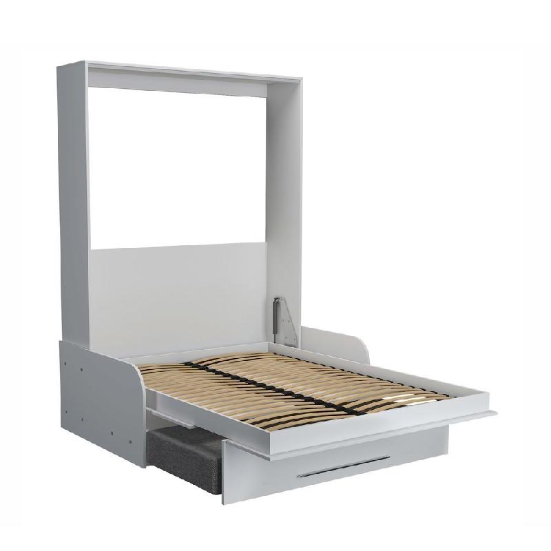 Armoire lit escamotable Kompact Viardo Sofa - canapé accoudoirs blanc mat - tissu gris - couchage 140x200 cm avec sommier à lattes_1