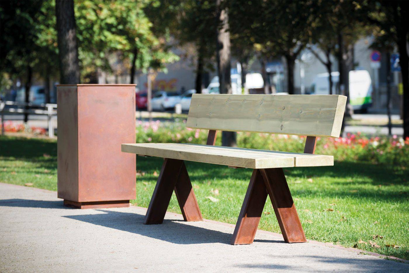 Banc public Olea UM314 - Piètement en acier Corten et lattes en bois traité classe IV_1