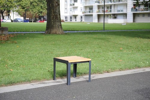 Table basse publique SYMBIOS - Husson International : structure acier découpée laser 3D, bois 4 versions disponibles, longueur 600 mm_1