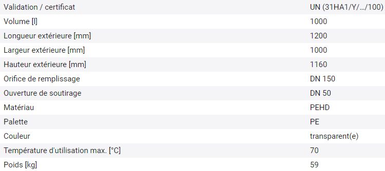Cuve IBC produits dangereux 266167W - palette PE - 1000 litres - ouverture DN 150 - sortie DN 50 - certification UN 31HA1/Y_1