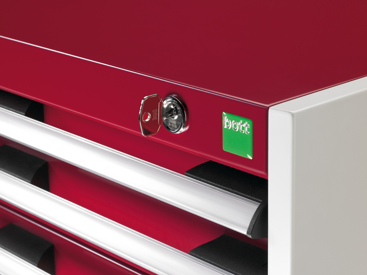 Établi monobloc Cubio avec armoire à 3 tiroirs - 41002010.11V - finition RAL 7035/RAL 5010 - plateau bois multiplis 40 mm_1