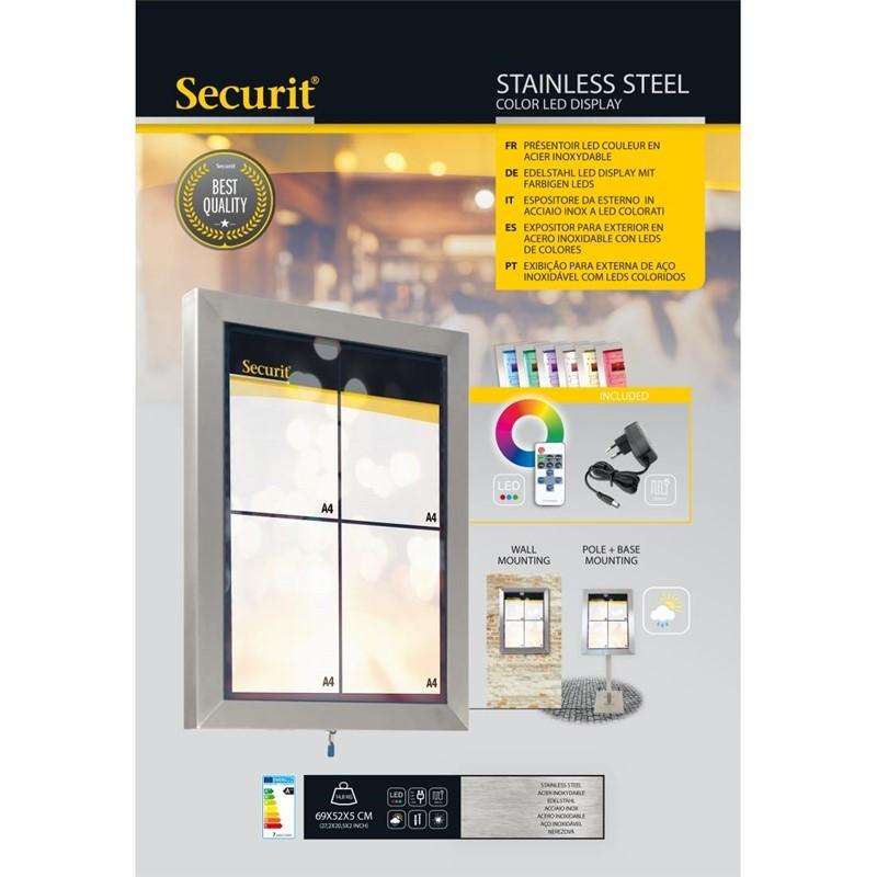 Porte-menu mural à LED couleurs en inox 4xA4 | Securit - CU937_1