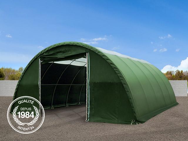 Tunnel de stockage 20x9,15x4,5 m - structure en acier - couverture PVC vert foncé 720 g/m² - fenêtres de toit - portes grandes et petites_1