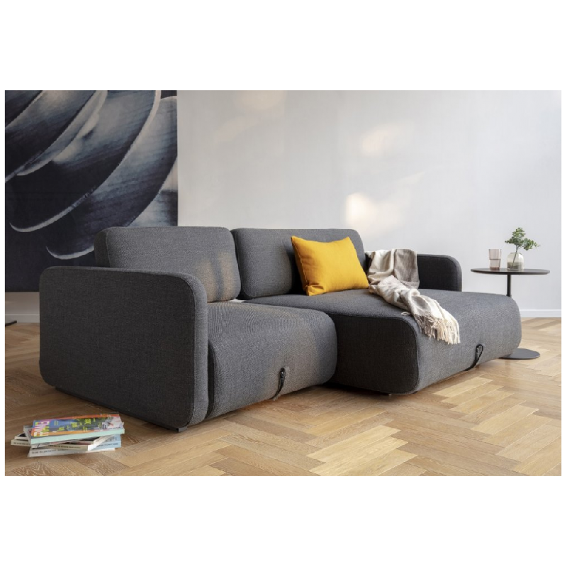 Canapé convertible design Vogan - Innovation Living - tissu Kenya Dark Grey - étagère intégrée et couchage 120x200 cm_1
