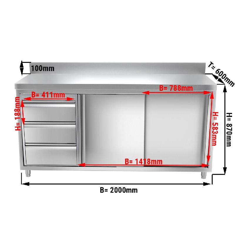Meuble bas inox adossé P 600 mm avec portes et tiroirs - 2000, A gauche_1