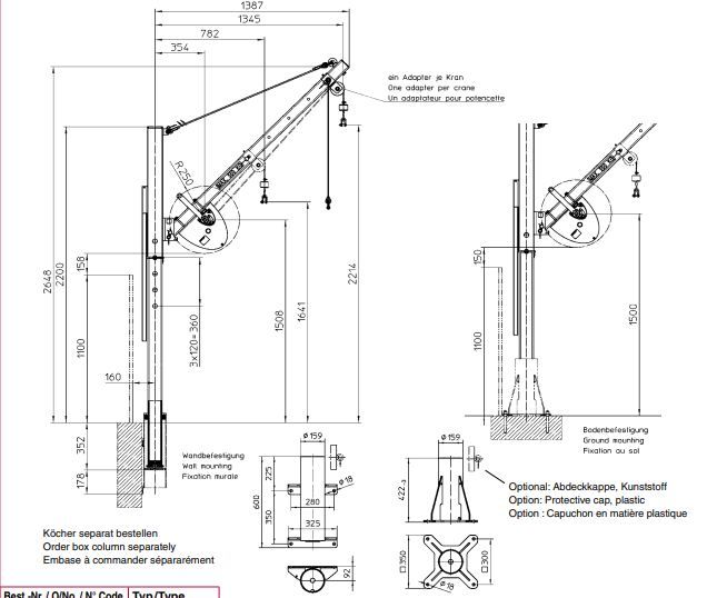 Potence de levage - Haacon France - charge admissible 550 kg - version zinguée ou inox - flèche réglable 800-1300 mm_1