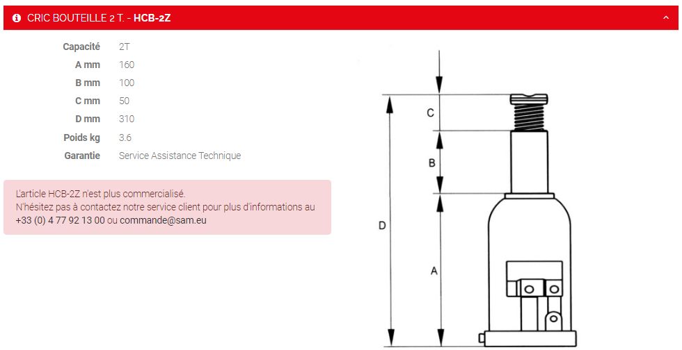 Hcb-2z - Cric bouteille 2T - Sam Outillage - avec soupape de sécurité et limiteur hydraulique_1