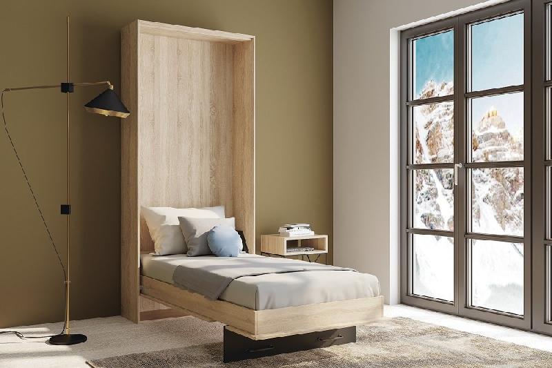 Lit escamotable style industriel Key - chêne, bandeau et ferrures noir mat - 90 x 200 cm - système vérins à pistons_1