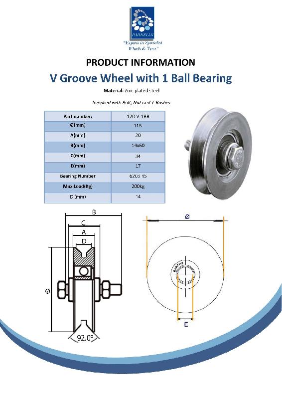 Roue à gorge en V de 120 mm avec 1 roulement à billes_1