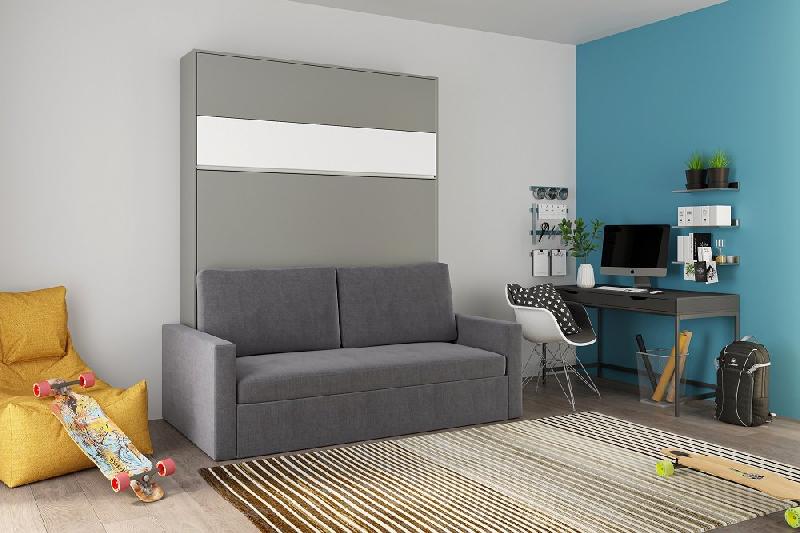 Armoire lit escamotable DJUKE SOFA - Canapé gris 160x200 cm avec bandeau blanc mat_1