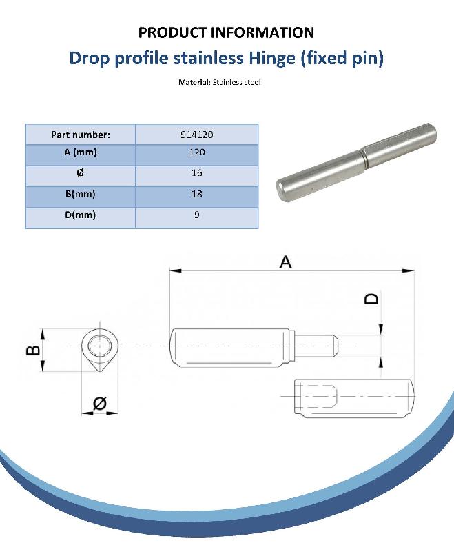 Charnière 120mm Profil de chute en acier inoxydable axe fixe soudable_1