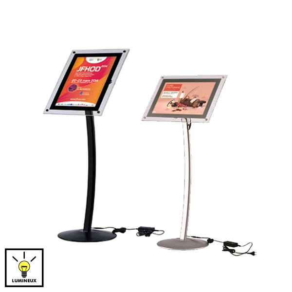 Porte-Affiche A3 LED sur pied courbé gris alu - Réf : 214031 - rotation 360° et hauteur 125 cm_1