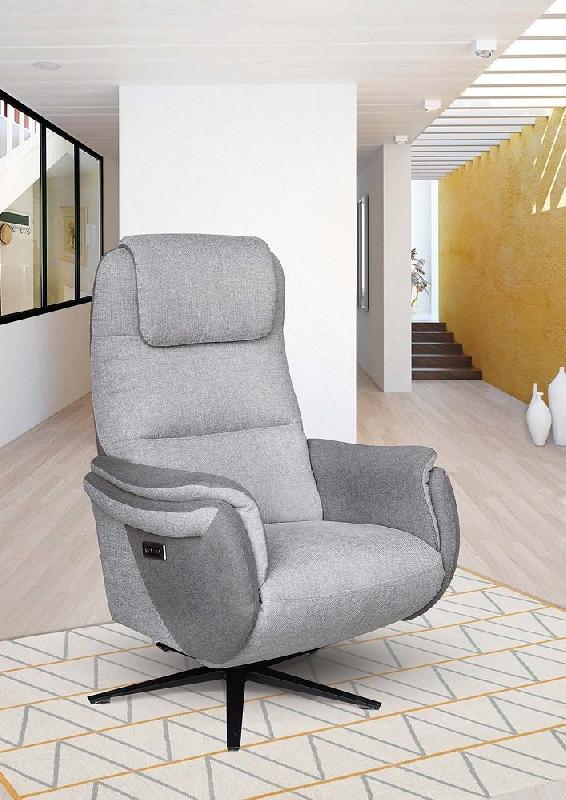 Fauteuil relax électrique ZILIA - Bi-moteur, tissu gris clair/gris foncé, piètement étoile métal noir - Pivotant 360°_1