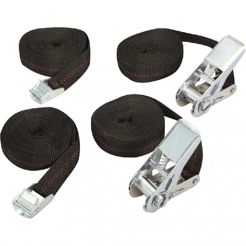 Lot de 2 sangles à cliquet 25mm x 5m - 125kg et 2 sangles à boucle 25mm x 2.5m - 120kg - Polyester_1