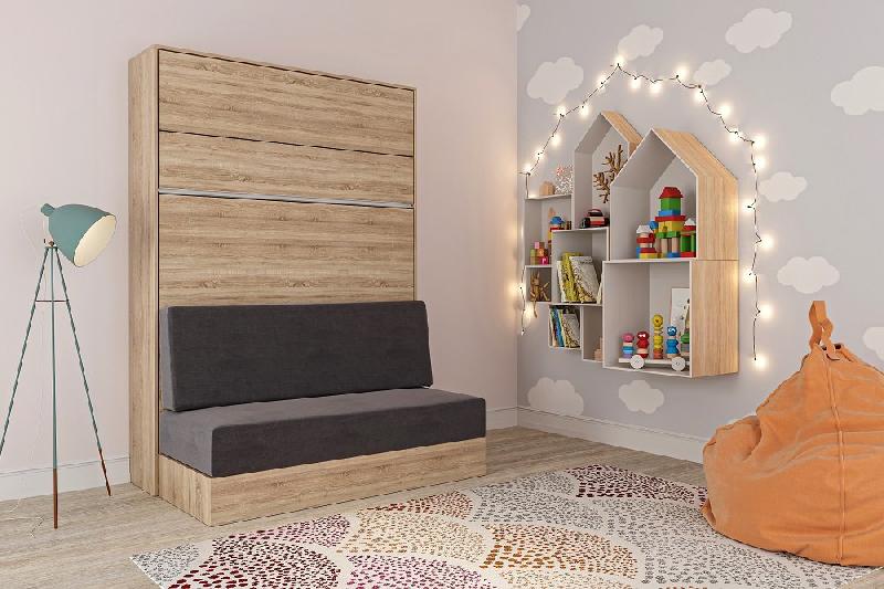 Armoire lit escamotable Genius Sofa - chêne et canapé gris - couchage 140x200 cm avec ouverture assistée_1
