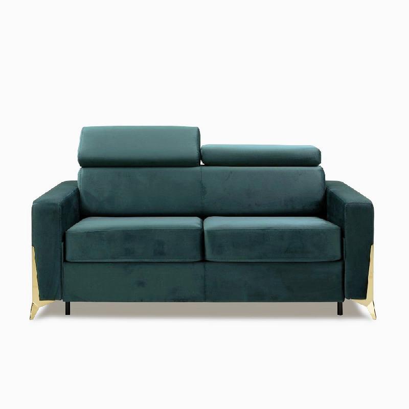 Canapé convertible Express Odacio 3 places - Sommier à lattes 140x197 cm - Têtières réglables - Matelas 16 cm - Pieds dorés - Velours bleu/vert menthe_1