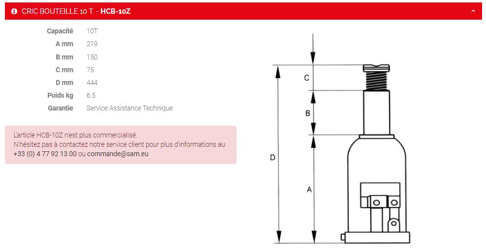 HCB-10Z - Cric bouteille Sam Outillage 10T - Soupape de sécurité et limiteur hydraulique_1
