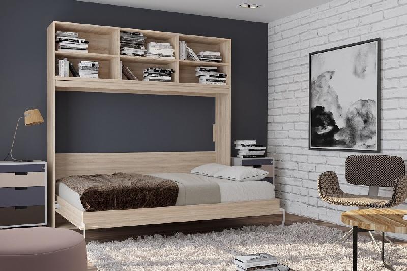 Lit escamotable STRADA-V2 - Mélaminé chêne naturel - Couchage 140 x 200 cm avec surmeuble 6 niches de rangement_1