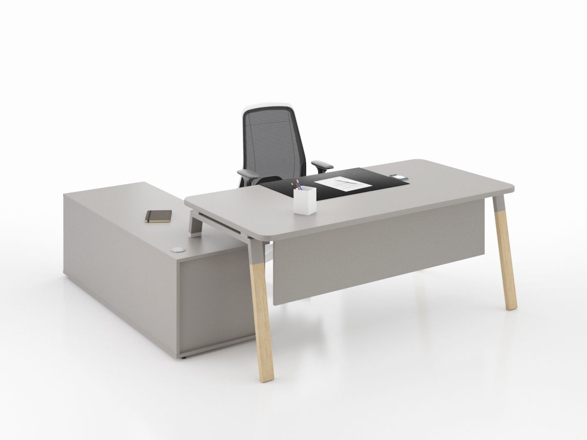 Bureau de direction en angle KELSO WOOD - style scandinave avec crédence et rangement intégré_1