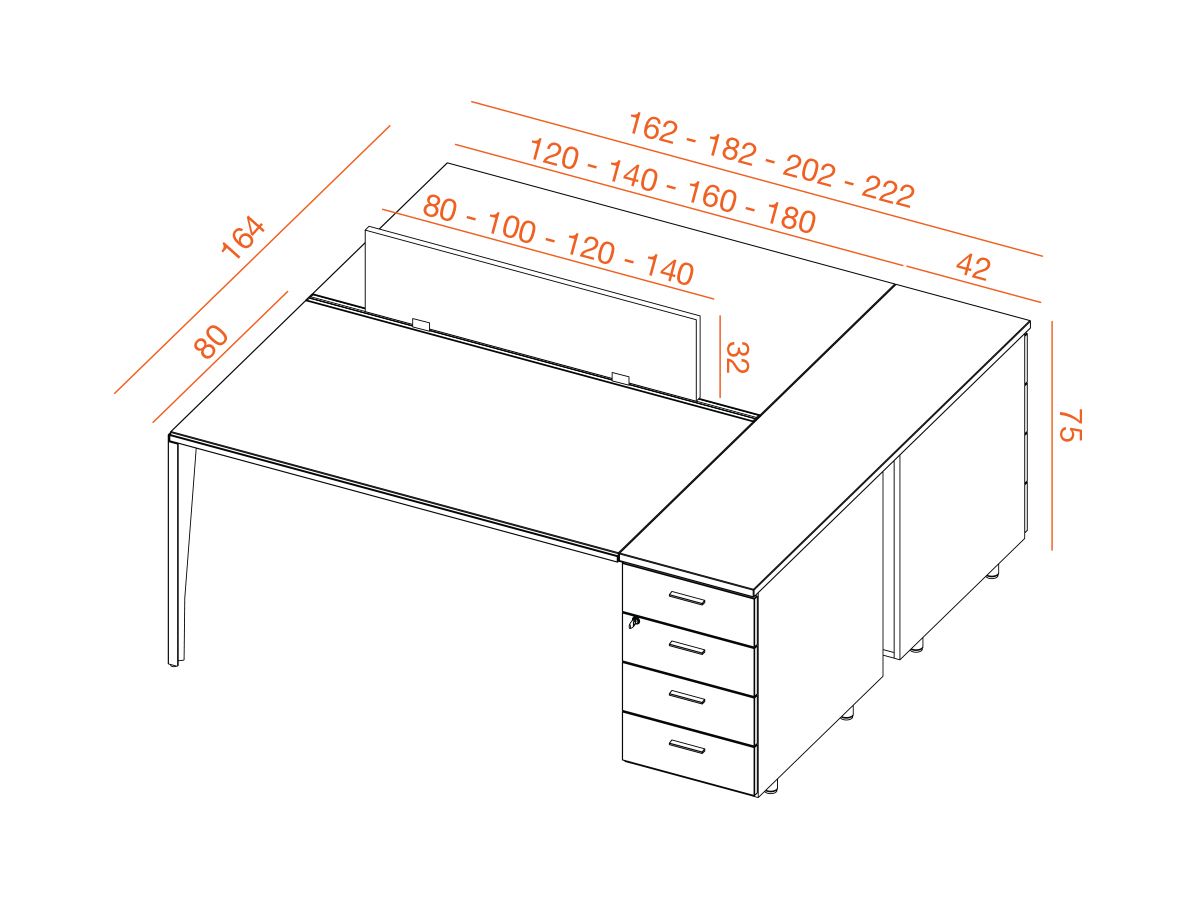 Bureau bench 2 personnes Dekart sur caissons - Cloisonnette en tissu, 2 caissons 4 tiroirs avec serrures_1