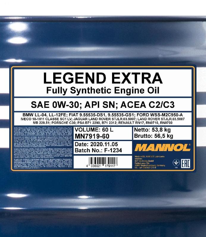 MANNOL - Huile moteur Legend Extra 0W-30 - 60L - MN7919-60 - ACEA C2/C3 et API SN_1