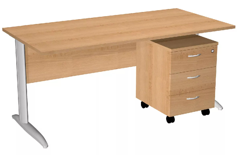 Bureau droit pied métallique en 'L' avec caisson sur roulettes So Presto - Hêtre, 160 x 80 cm, Blanc Mat (RAL 9010), 1 tiroir + 1 dossier suspendu - finition anti-rayures et anti-reflets_1