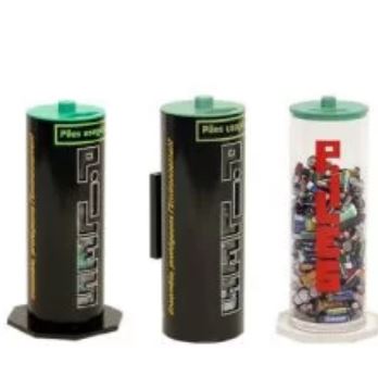 Collecteur de piles usagées - Tube polycarbonate laqué - Couvercle ABS vert avec orifice piles - Fenêtre de remplissage translucide_1