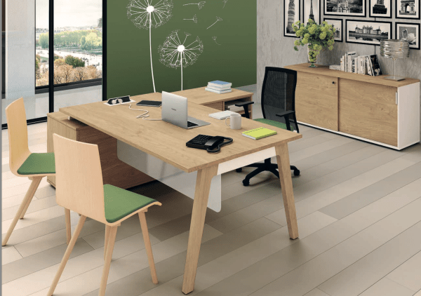 Bureau de direction design unique et chaleureux - Woody Manager - Burocéan - avec vérins de mise à niveau et piétement en bois moulé_1