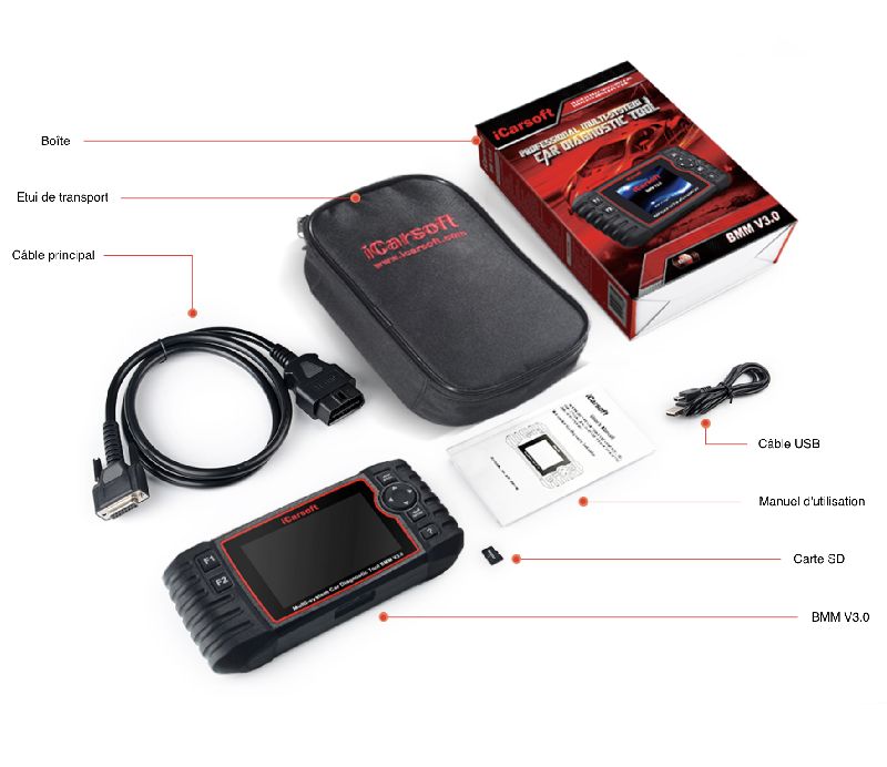 Valise de diagnostic tous systèmes iCarsoft BMM V3.0 avec écran LCD 4 pouces