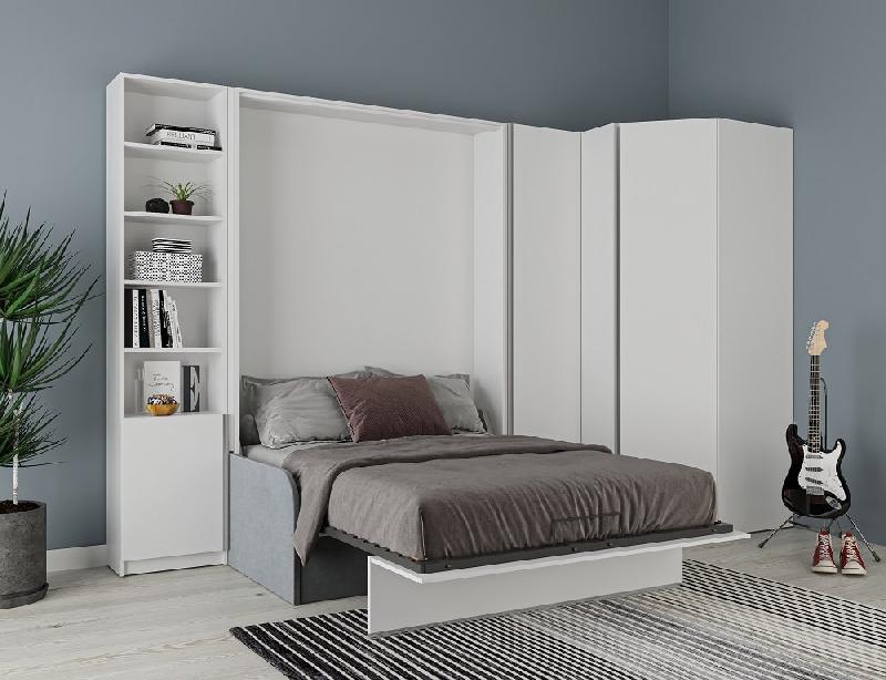 Composition d'angle - Lit escamotable BERMUDES SOFA 160x200 cm - Blanc mat avec canapé en microfibre gris_1
