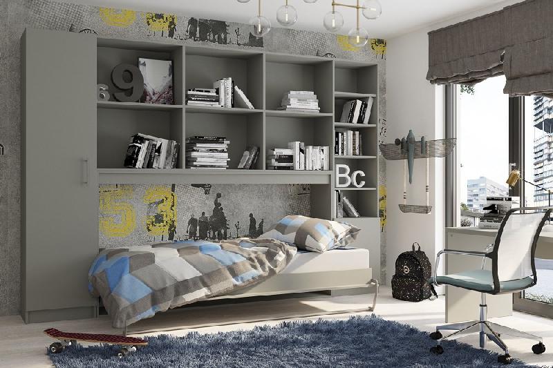 Armoire lit escamotable horizontale STRADA-V2 gris graphite mat - Couchage 90x200 cm avec surmeuble et 2 colonnes de rangement_1