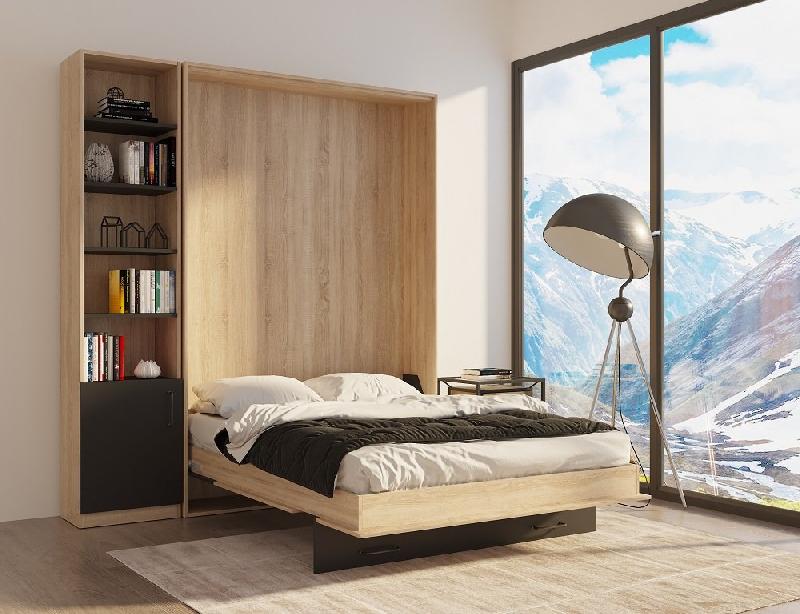 Composition lit escamotable style industriel KEY - bi-ton chêne noir mat 140x200 cm avec rangement et bibliothèque_1