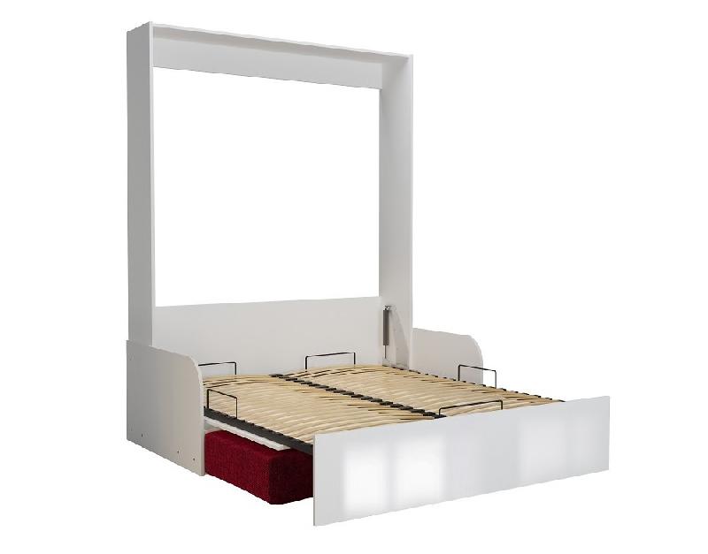 Armoire lit escamotable Dynamo Sofa - accoudoirs mélaminés - façade blanc brillant - canapé rouge - couchage 140x200 cm_1