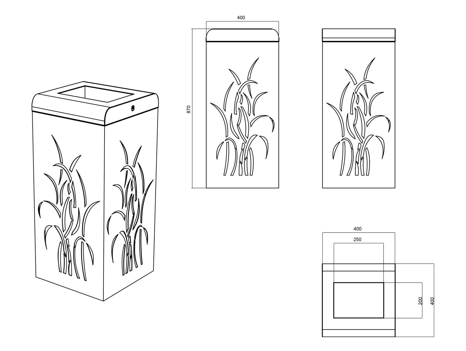 La corbeille Grass - poubelle publique - The Italian Lab - L 400, P 400, H 870 mm - capacité 100 L - acier épaisseur 20/10 et 30/10_1