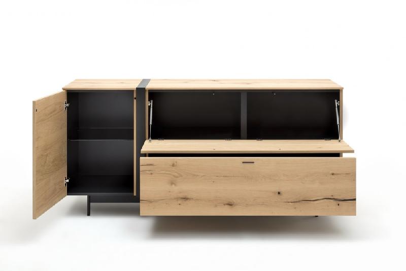 Buffet bas en chêne naturel - 1 porte, 2 tiroirs, design épuré - intérieur anthracite laqué_1