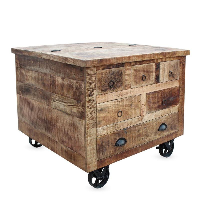 Coffre bois massif à roulettes L85xP85H70cm - multi ouvertures Toronto - industriel vintage_1