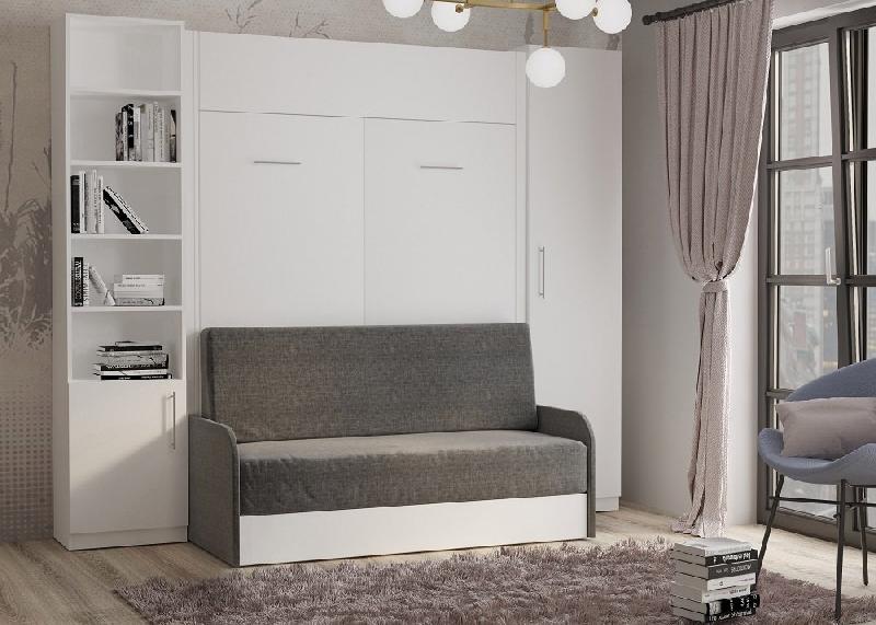 Composition lit escamotable blanc mat Dynamo Sofa - canapé avec accoudoirs microfibre, colonne armoire et bibliothèque 140x200 cm_1